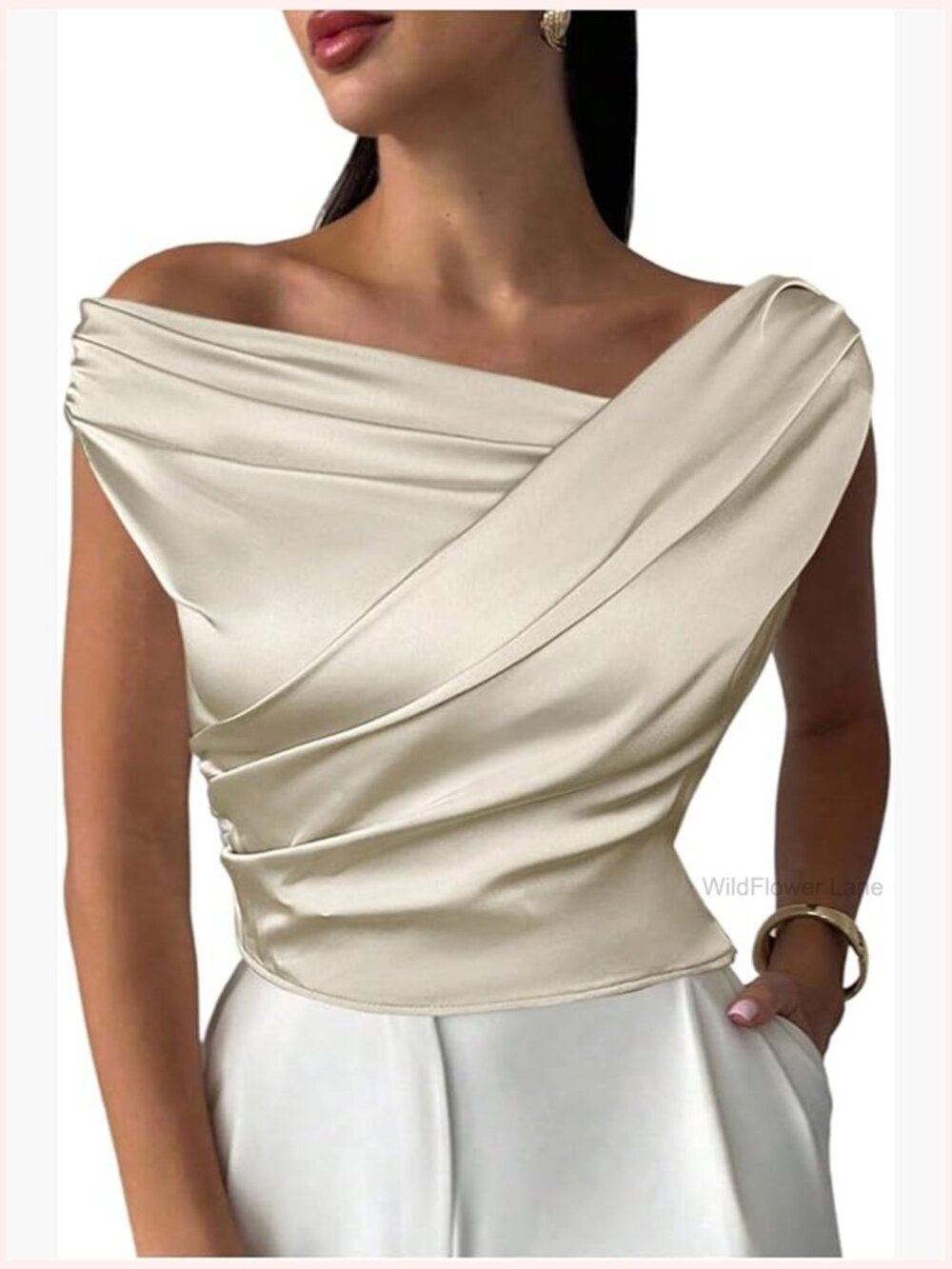 Silk Satin Off Shoulder Ruched Crop Top Blouse Fitted Office